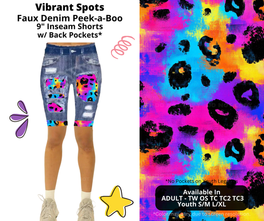 Preorder! Closes 3/5. ETA June. Vibrant Spots Faux Denim Peekaboo Jamaica Shorts