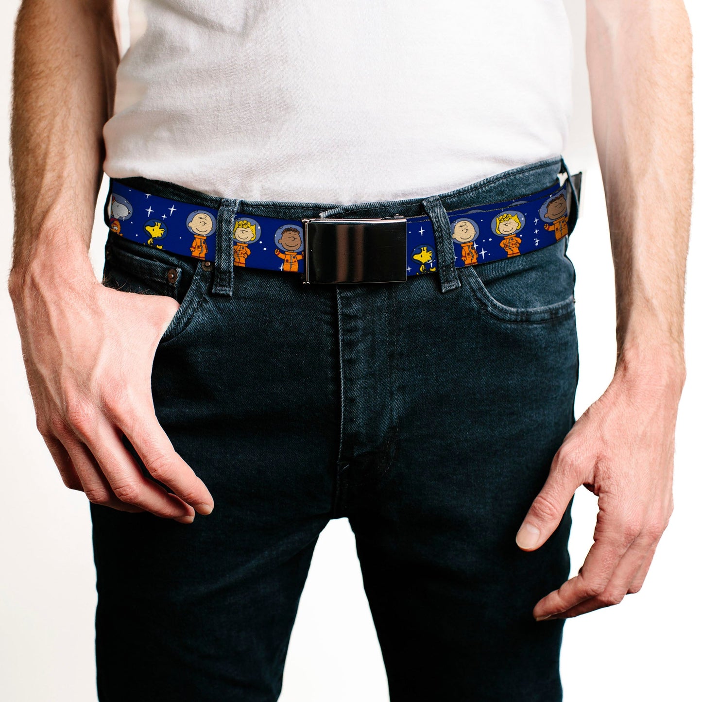 Web Belt Blank Black Buckle - Peanuts Gang Astronauts Standing Poses Stars Blue/White Webbing