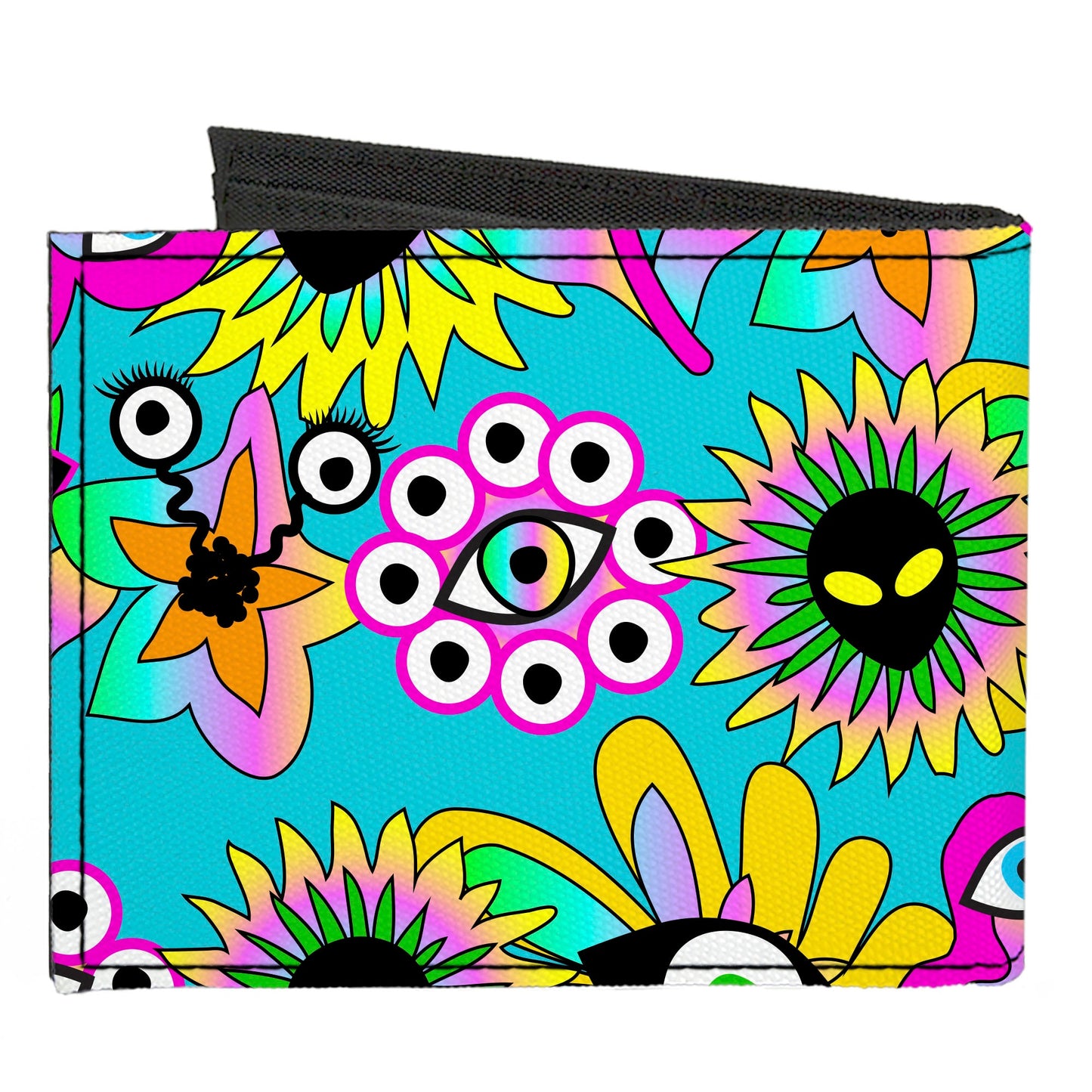 Canvas Bi-Fold Wallet - Funky Alien Flowers Aqua Blue/Multi Color