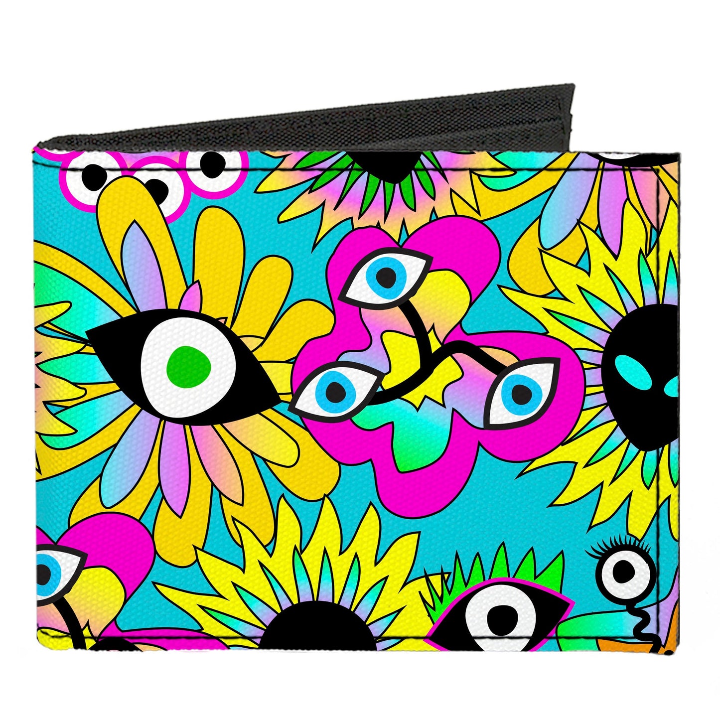 Canvas Bi-Fold Wallet - Funky Alien Flowers Aqua Blue/Multi Color