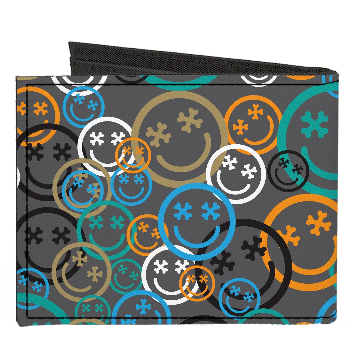 Canvas Bi-Fold Wallet - Smiley Face Crossbones Stacked Gray/Multi Color