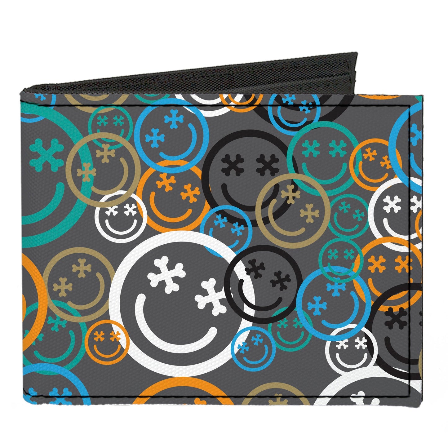 Canvas Bi-Fold Wallet - Smiley Face Crossbones Stacked Gray/Multi Color