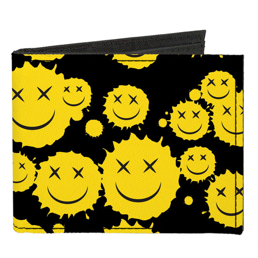 Canvas Bi-Fold Wallet - Smiley Face Splatter Scattered Black/Yellow