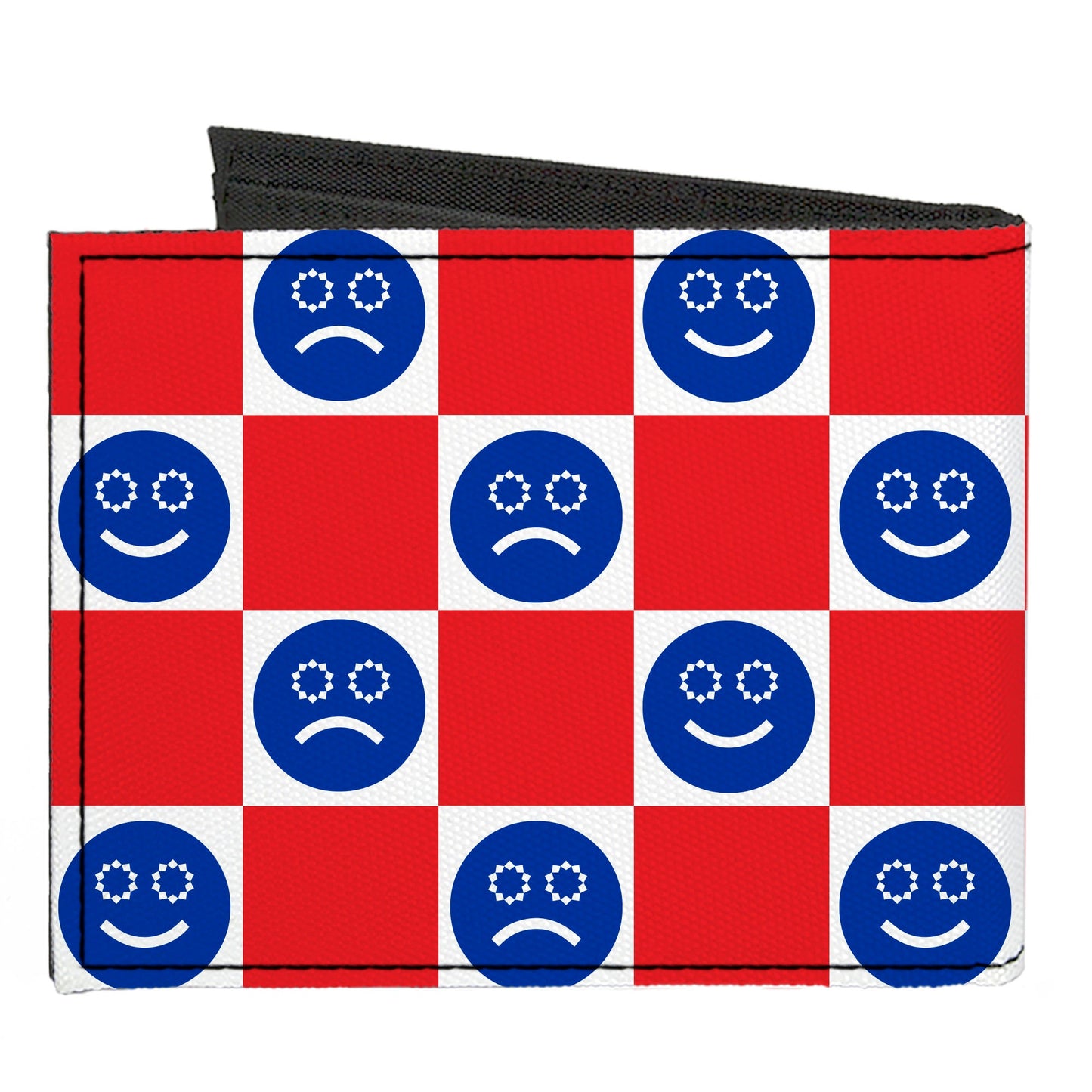 Canvas Bi-Fold Wallet - Smiley Sad Face Checker Red/White/Blue