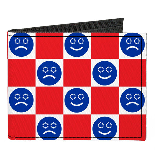 Canvas Bi-Fold Wallet - Smiley Sad Face Checker Red/White/Blue