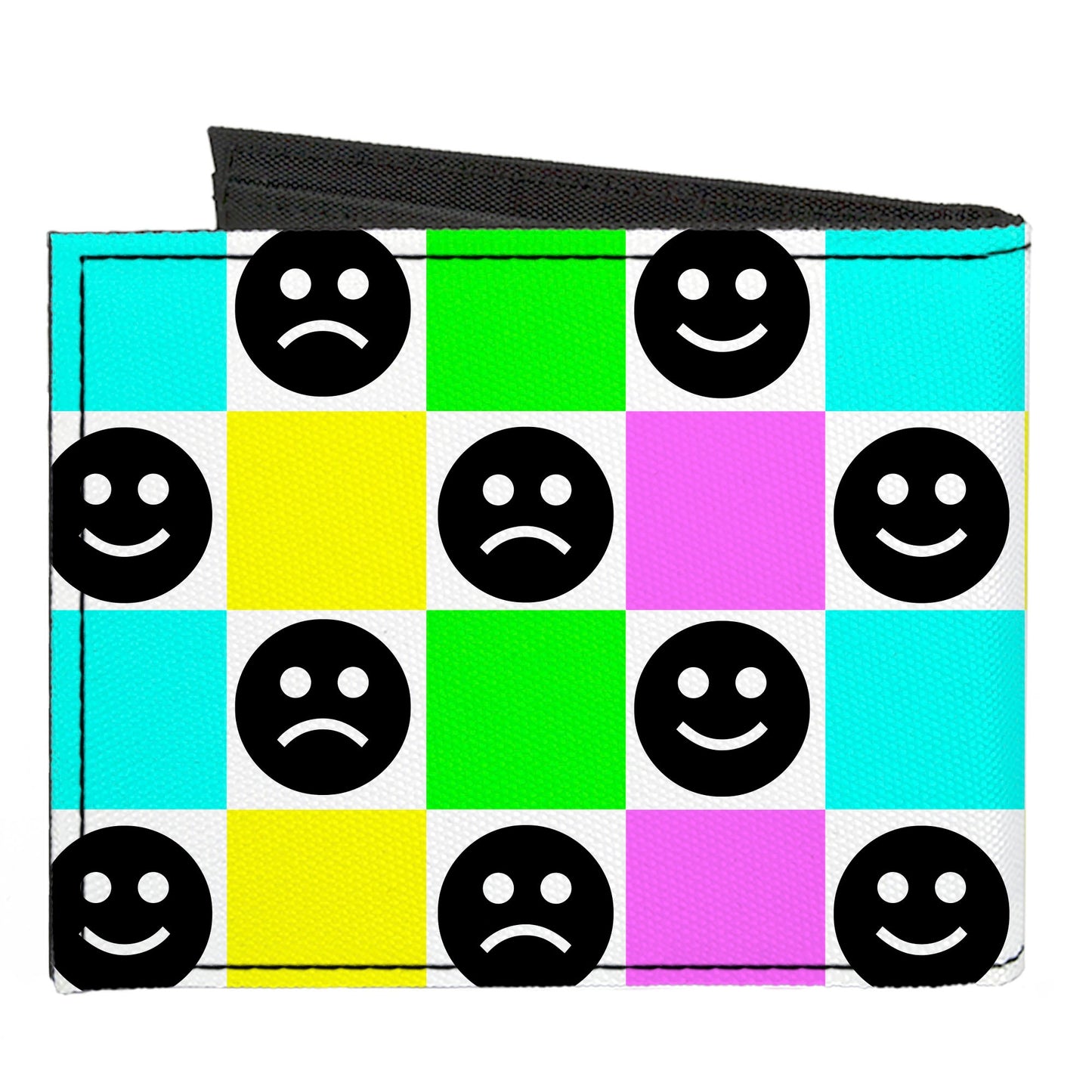 Canvas Bi-Fold Wallet - Smiley Sad Face Checker Multi Color/White