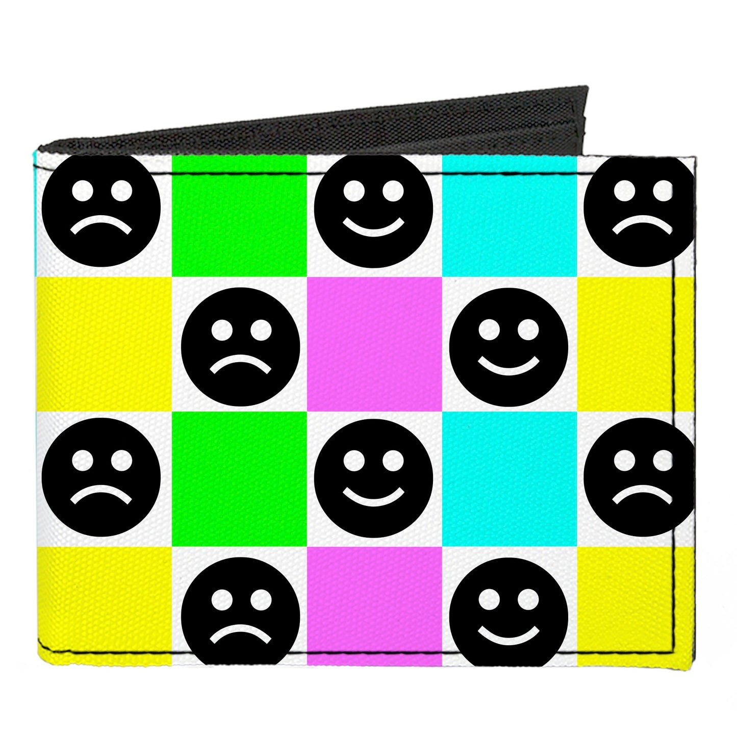 Canvas Bi-Fold Wallet - Smiley Sad Face Checker Multi Color/White