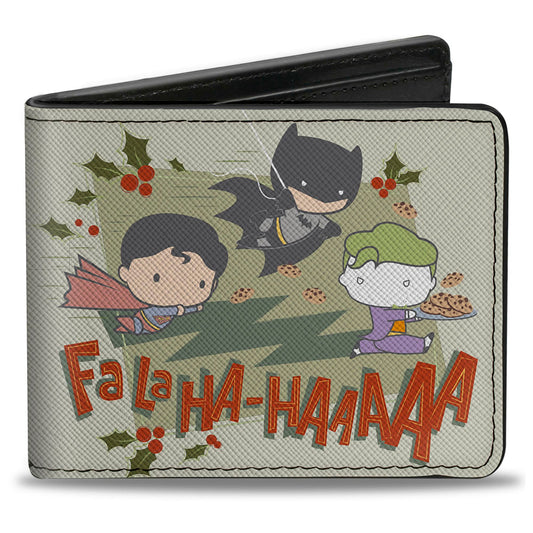 Bi-Fold  Wallet - Justice League Chibi Holiday Christmas Superman and Batman Chasing Joker FALAHA-HAAAAA Greens