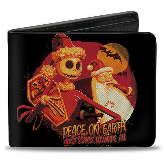 Bi-Fold Wallet - The Nightmare Before Christmas Jack Skellington and Sandy Claws PEACE ON EARTY Pose Reds Oranges