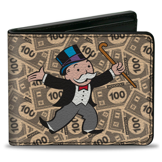 Bi-Fold Wallet - Mr. Monopoly Rich Uncle Pennybags Pose 100 Money Bills Stacked