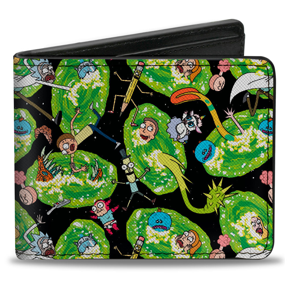 Bi-Fold Wallet - Rick and Morty Portal Multi Character Scattered Black/Green