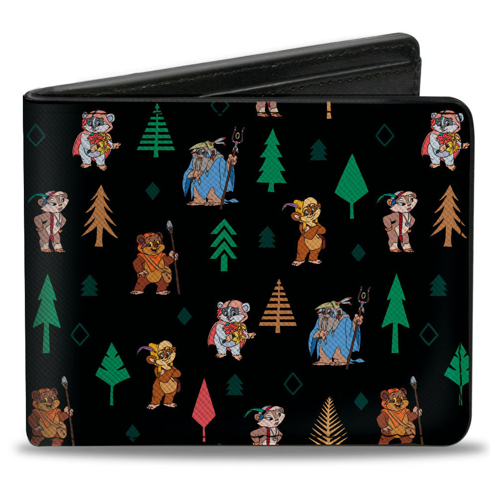 Bi-Fold Wallet - Star Wars Ewoks and Forest Icons Collage Black/Greens