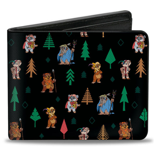 Bi-Fold Wallet - Star Wars Ewoks and Forest Icons Collage Black/Greens