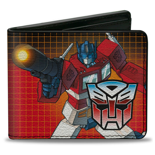 Bi-Fold Wallet - Transformers Optimus Prime Blaster Pose and Autobot Shield Grid Fade Reds