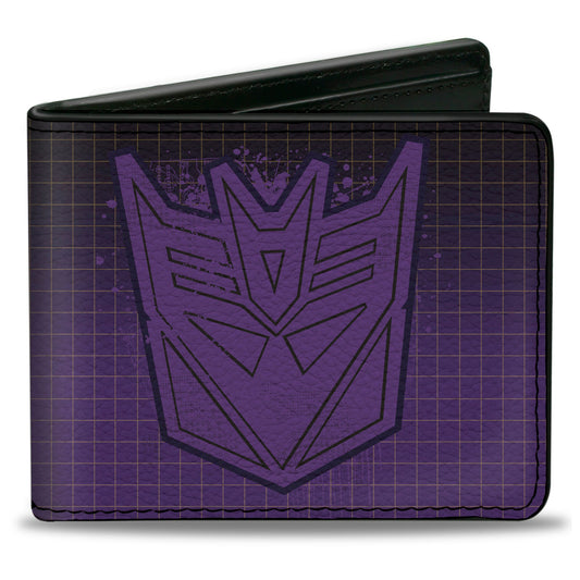 Bi-Fold Wallet - Transformers DECEPTICONS Shield Splatter and Text Grid Fade Purples