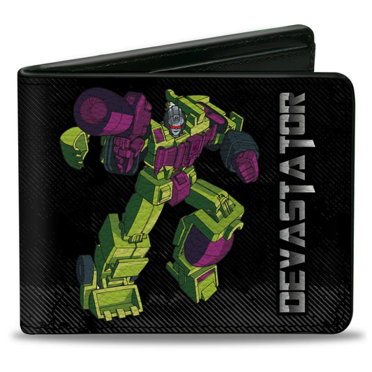 Bi-Fold Wallet - Transformers DEVASTATOR Action Pose and Decepticon Shield Black/Silver Fade