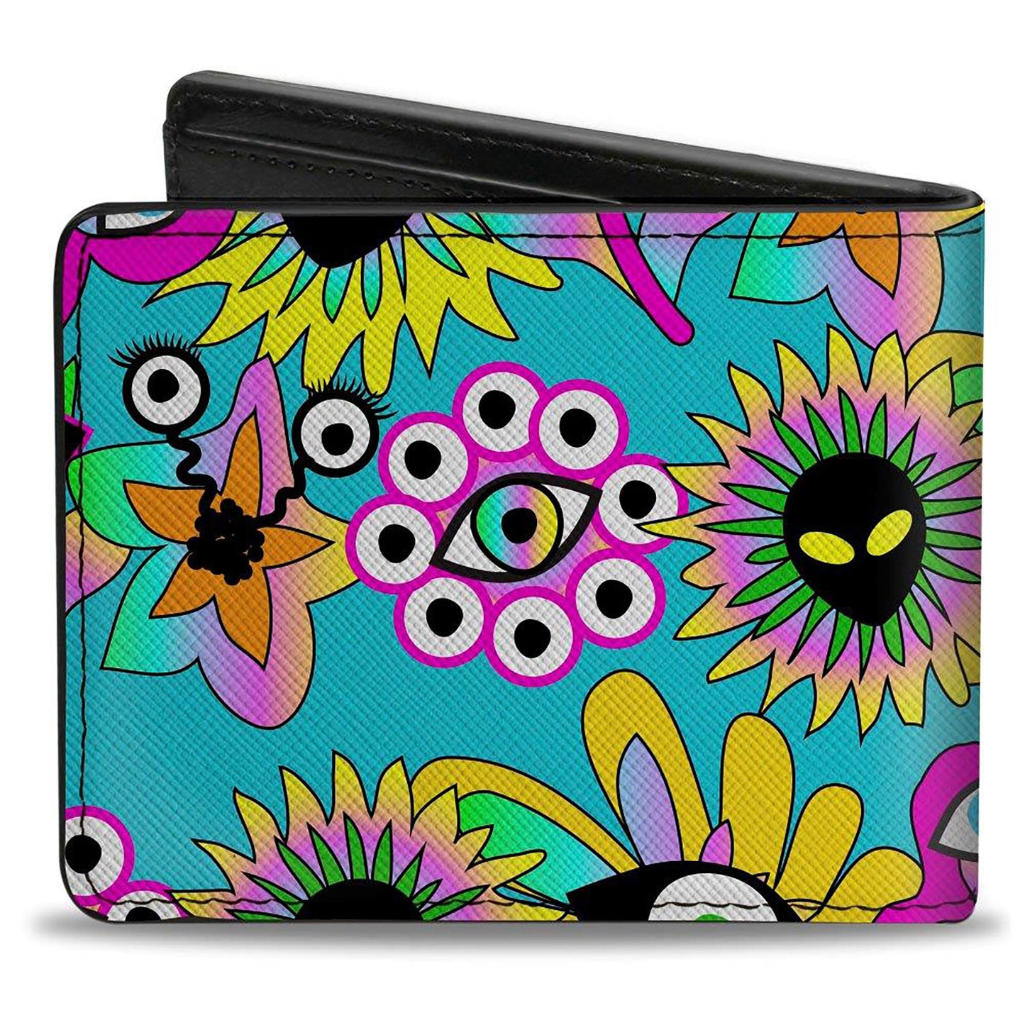 Bi-Fold Wallet - Funky Alien Flowers Aqua Blue/Multi Color