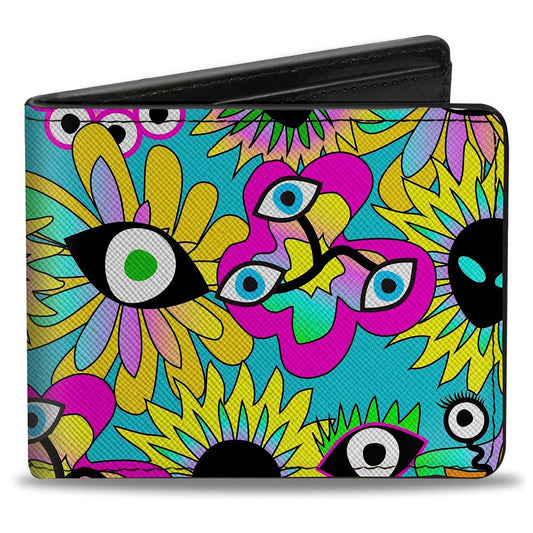 Bi-Fold Wallet - Funky Alien Flowers Aqua Blue/Multi Color