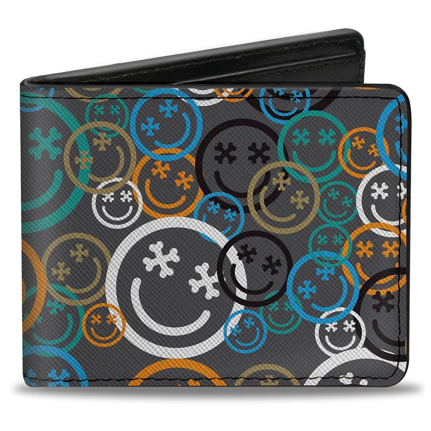 Bi-Fold Wallet - Smiley Face Crossbones Stacked Gray/Multi Color