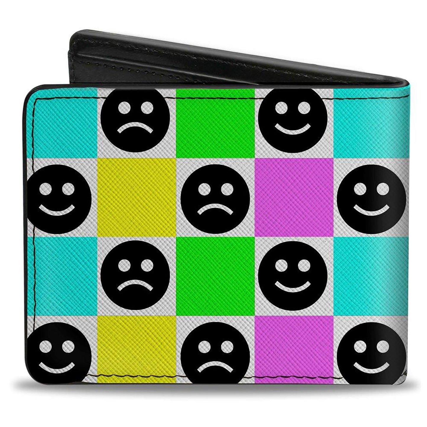 Bi-Fold Wallet - Smiley Sad Face Checker Multi Color/White