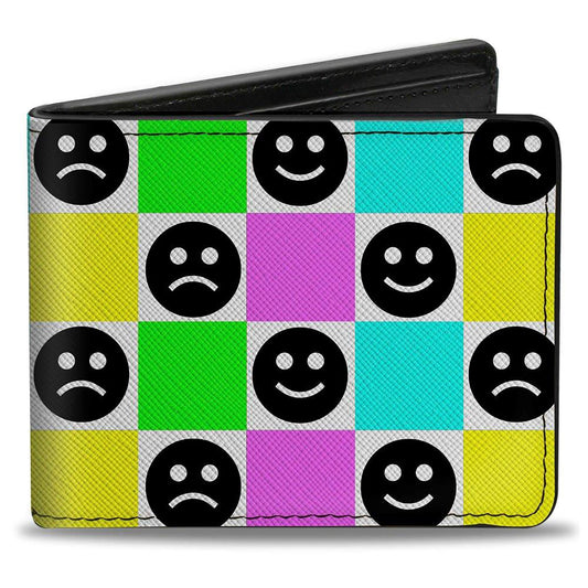 Bi-Fold Wallet - Smiley Sad Face Checker Multi Color/White