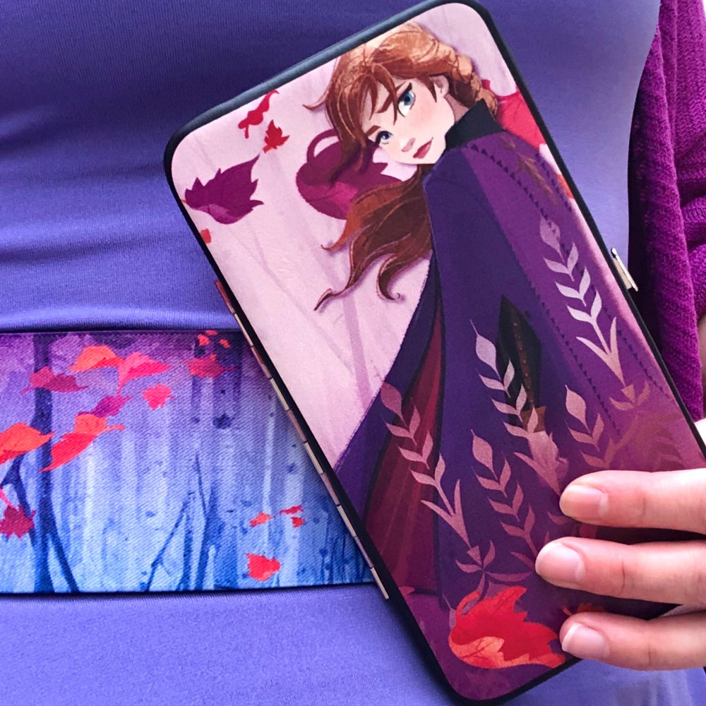 Hinged Wallet - Frozen II Anna Pose Swirling Leaves Purples Reds