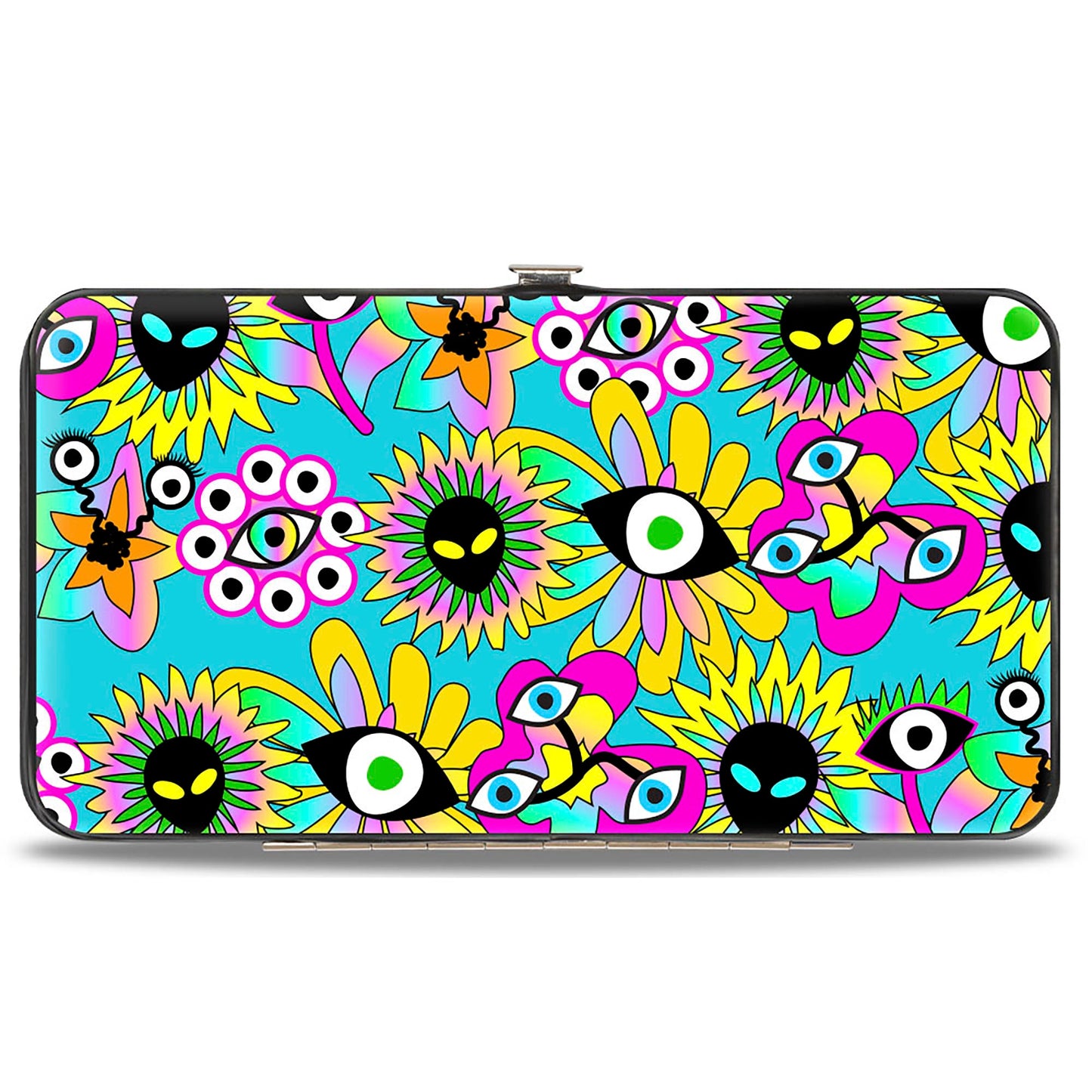 Hinged Wallet - Funky Alien Flowers Aqua Blue/Multi Color