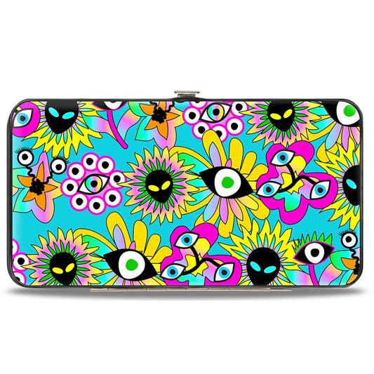 Hinged Wallet - Funky Alien Flowers Aqua Blue/Multi Color