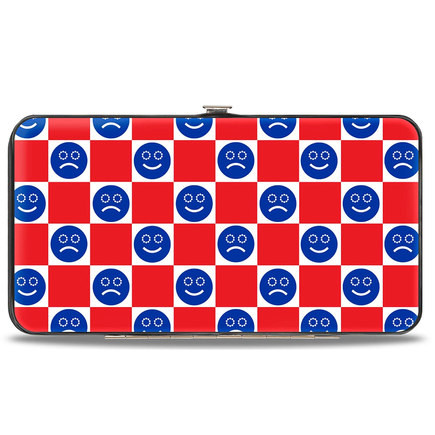 Hinged Wallet - Smiley Sad Face Checker Red/White/Blue