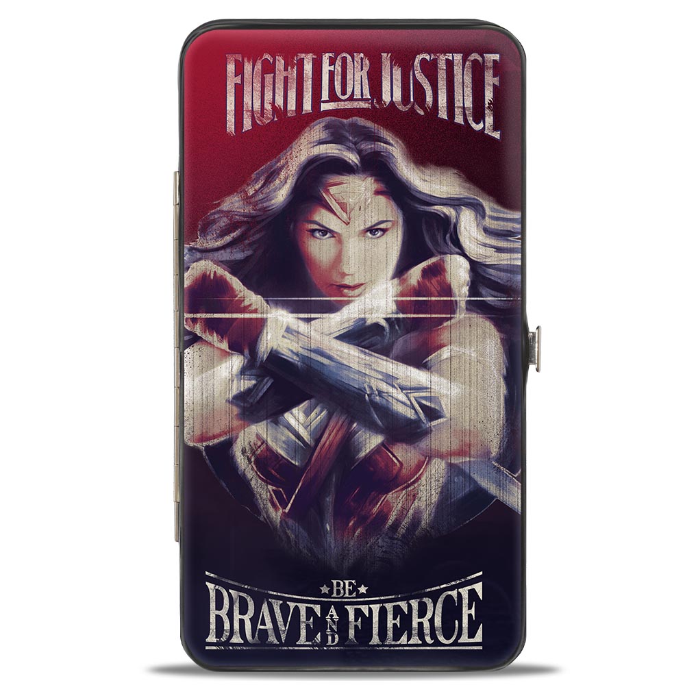 Hinged Wallet - Wonder Woman Deflection Pose FIGHT FOR JUSTICE-BE BRAVE AND FIERCE Weathered Reds/Blues