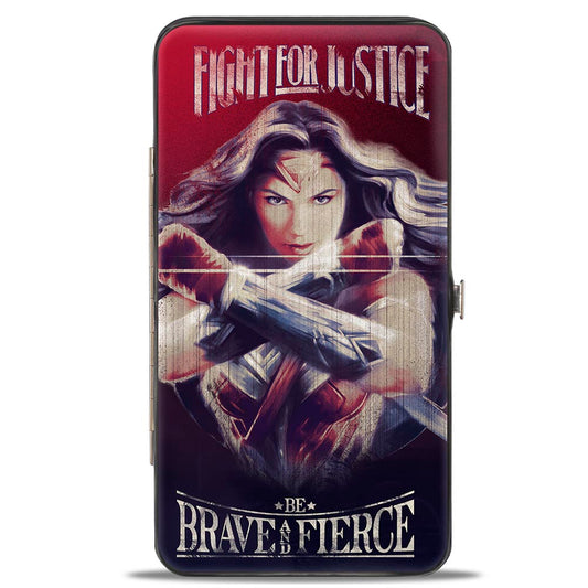 Hinged Wallet - Wonder Woman Deflection Pose FIGHT FOR JUSTICE-BE BRAVE AND FIERCE Weathered Reds/Blues