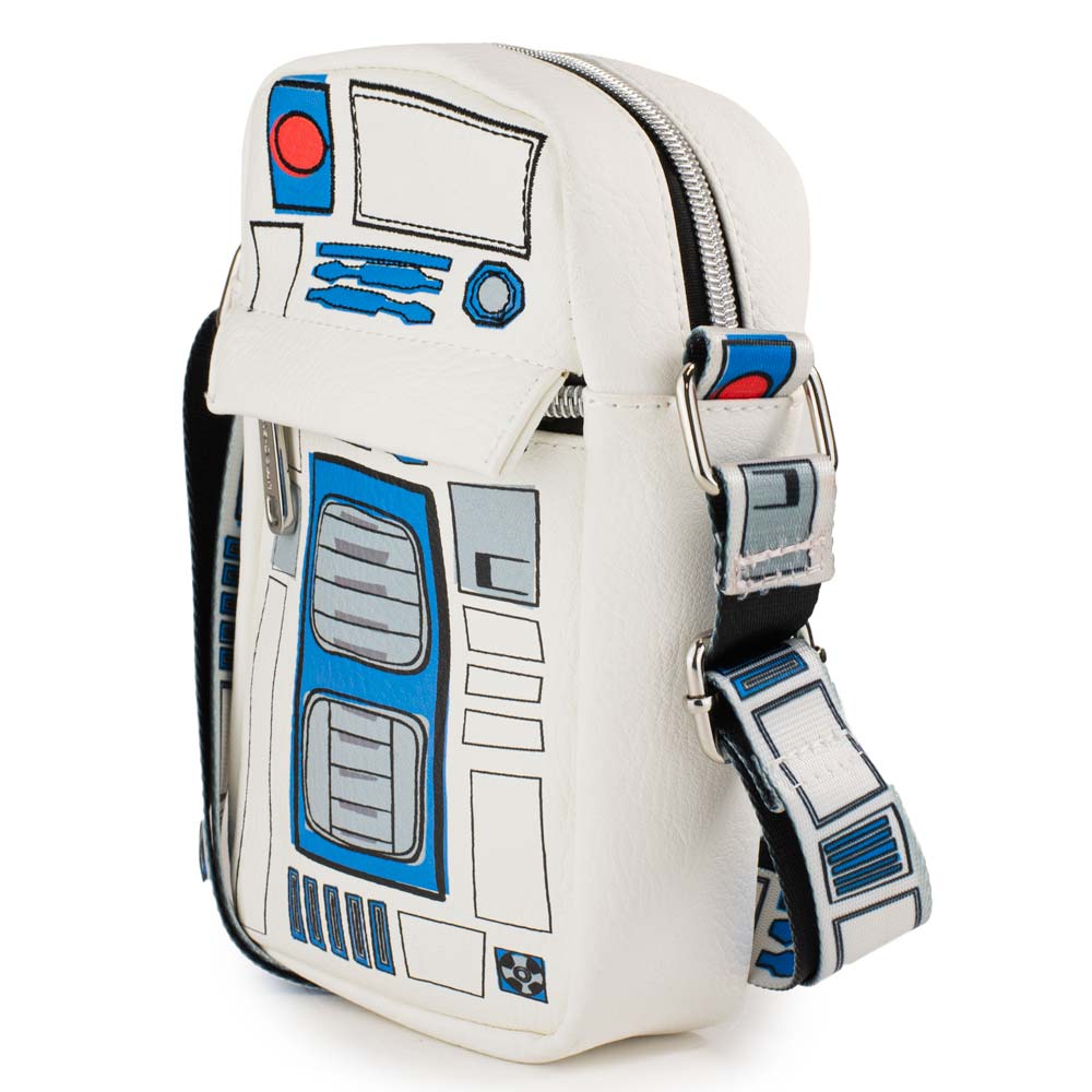 Women's Crossbody Wallet - R2-D2 Bounding Parts White Black Blues Grays