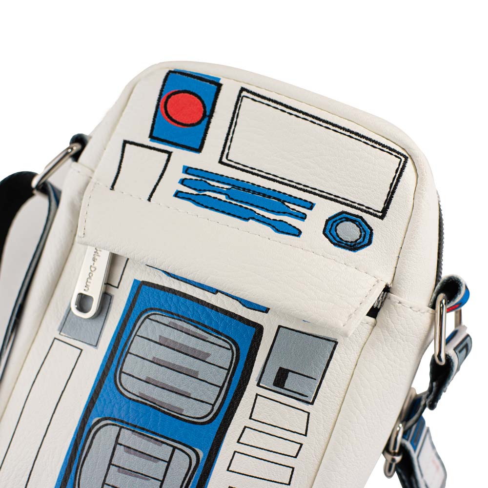 Women's Crossbody Wallet - R2-D2 Bounding Parts White Black Blues Grays