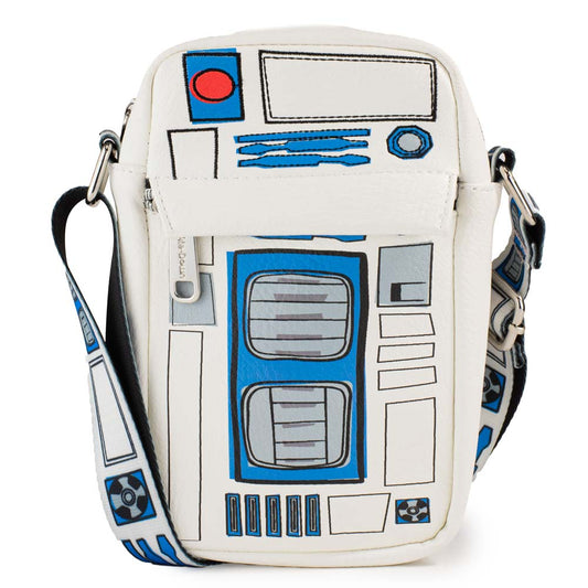 Women's Crossbody Wallet - R2-D2 Bounding Parts White Black Blues Grays