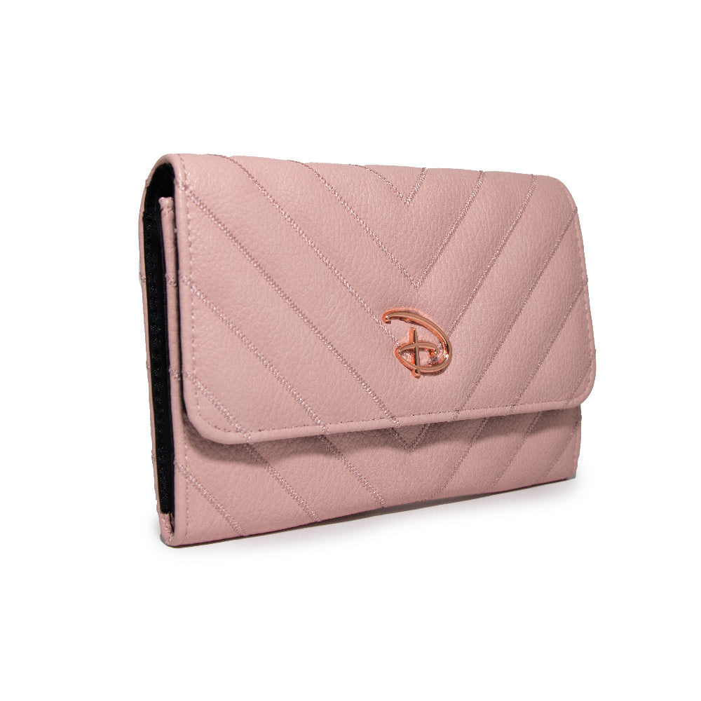 Women's Fold Over Wallet Rectangle - Chevron Stitch Pink with Disney Signature D Logo Rose Gold Pink Enamel