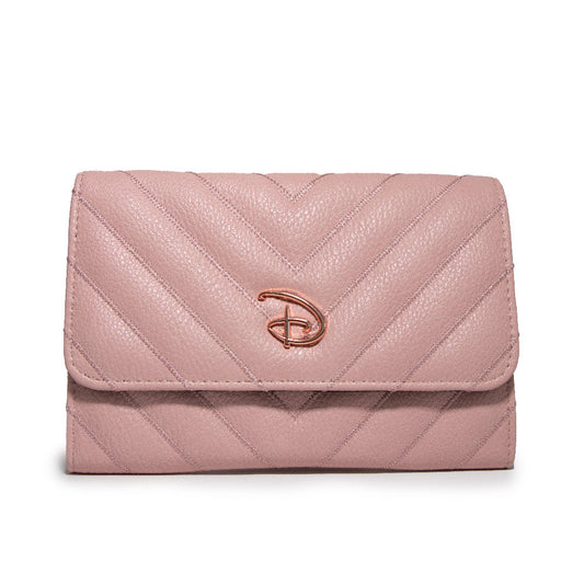 Women's Fold Over Wallet Rectangle - Chevron Stitch Pink with Disney Signature D Logo Rose Gold Pink Enamel