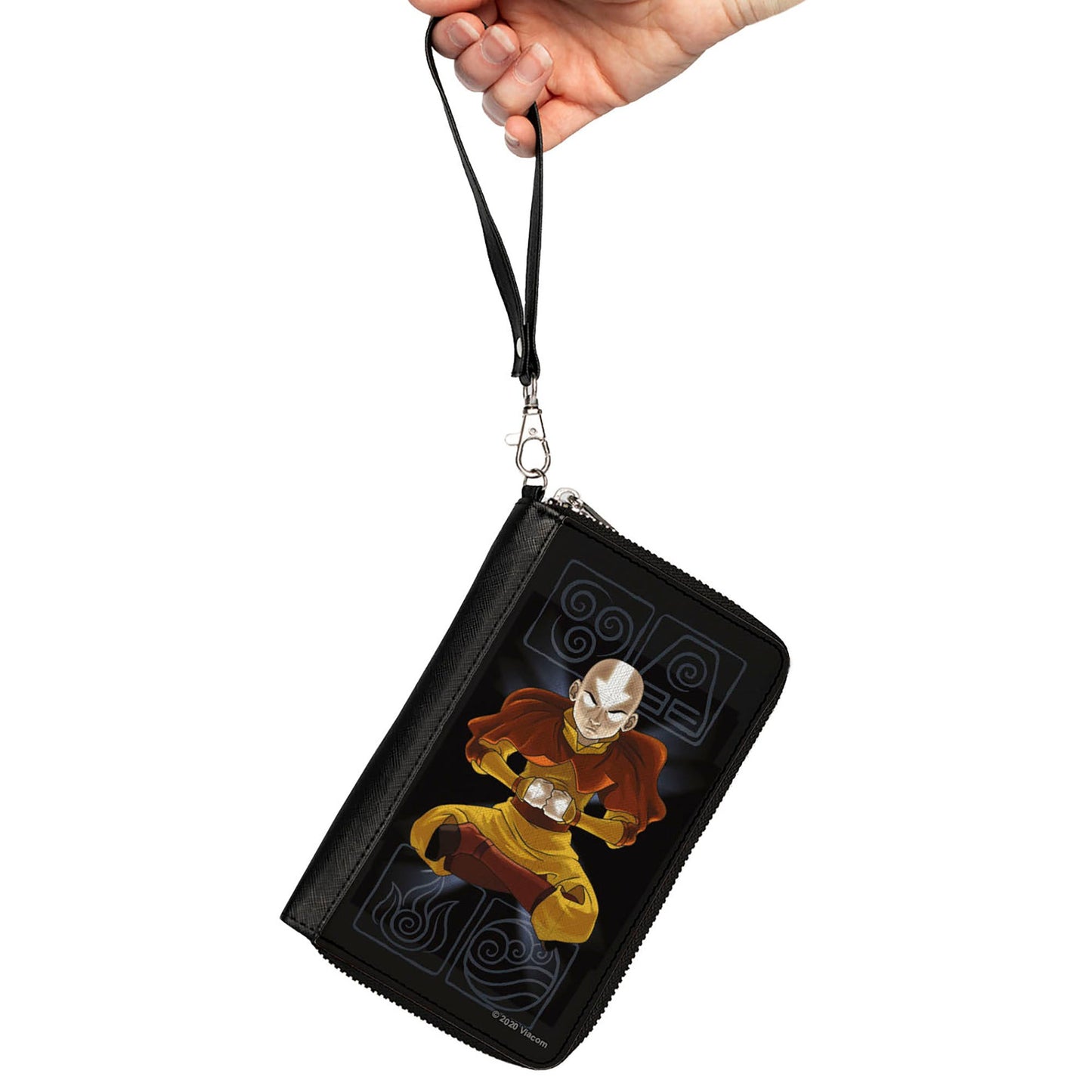 PU Zip Around Wallet Rectangle - Avatar the Last Airbender Aang Meditating Pose Bending Elements Icons Black Grays