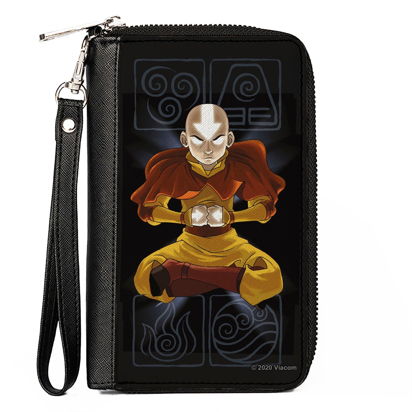 PU Zip Around Wallet Rectangle - Avatar the Last Airbender Aang Meditating Pose Bending Elements Icons Black Grays