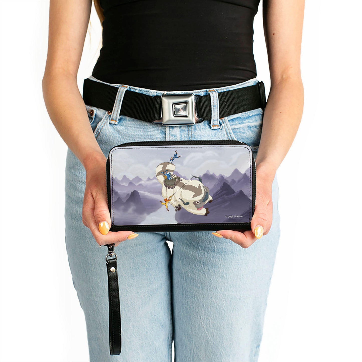 PU Zip Around Wallet Rectangle - Avatar the Last Airbender Appa Carrying 4-Character Group Scene Over Mountains Grays