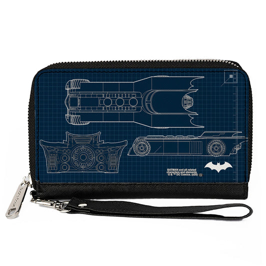 Women's PU Zip Around Wallet Rectangle - Batman Batmobile Blueprint Tech Turns Blues White