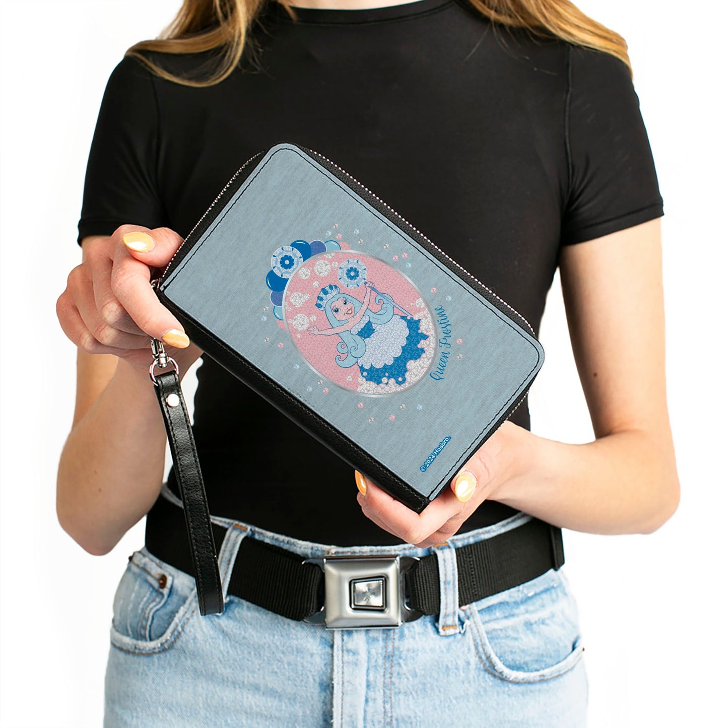 PU Zip Around Wallet Rectangle - Candy Land QUEEN FROSTINE Standing Pose and Float Bubbles Blues/Pinks