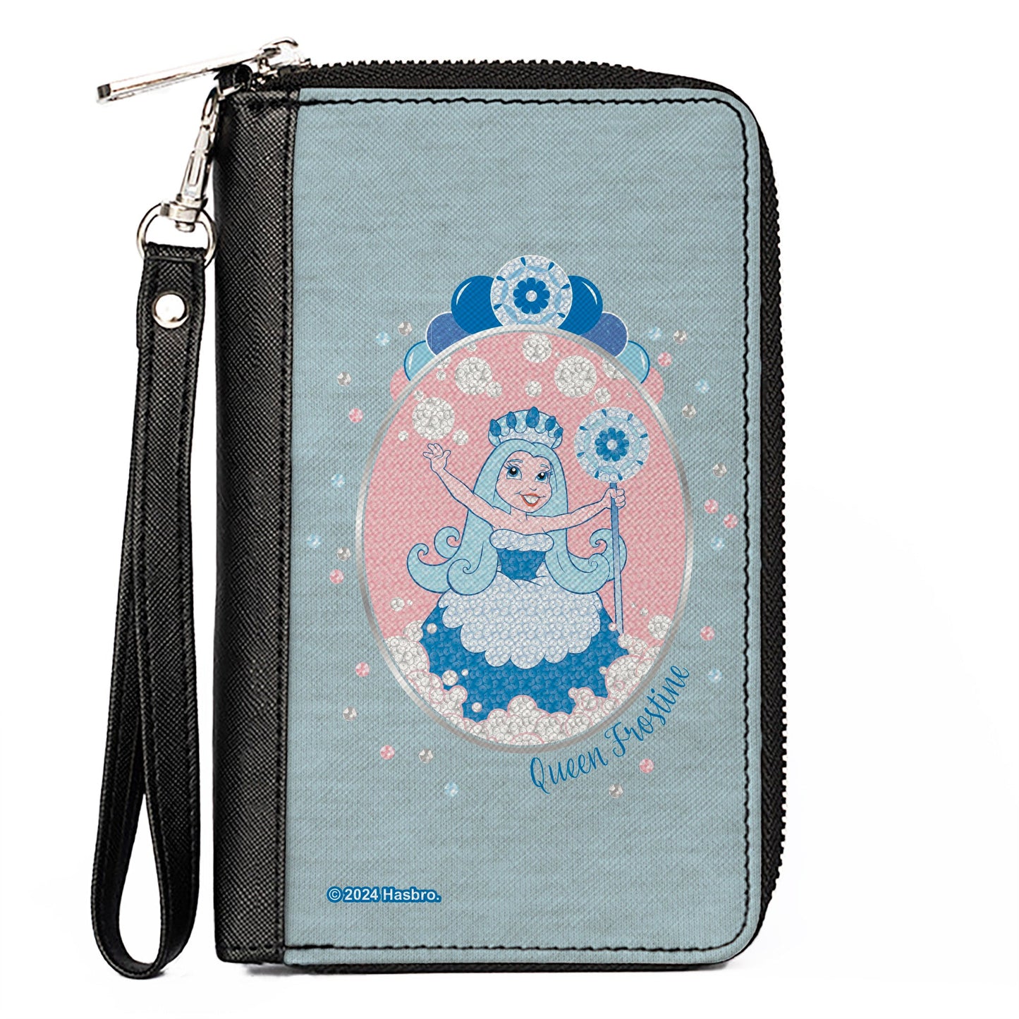 PU Zip Around Wallet Rectangle - Candy Land QUEEN FROSTINE Standing Pose and Float Bubbles Blues/Pinks