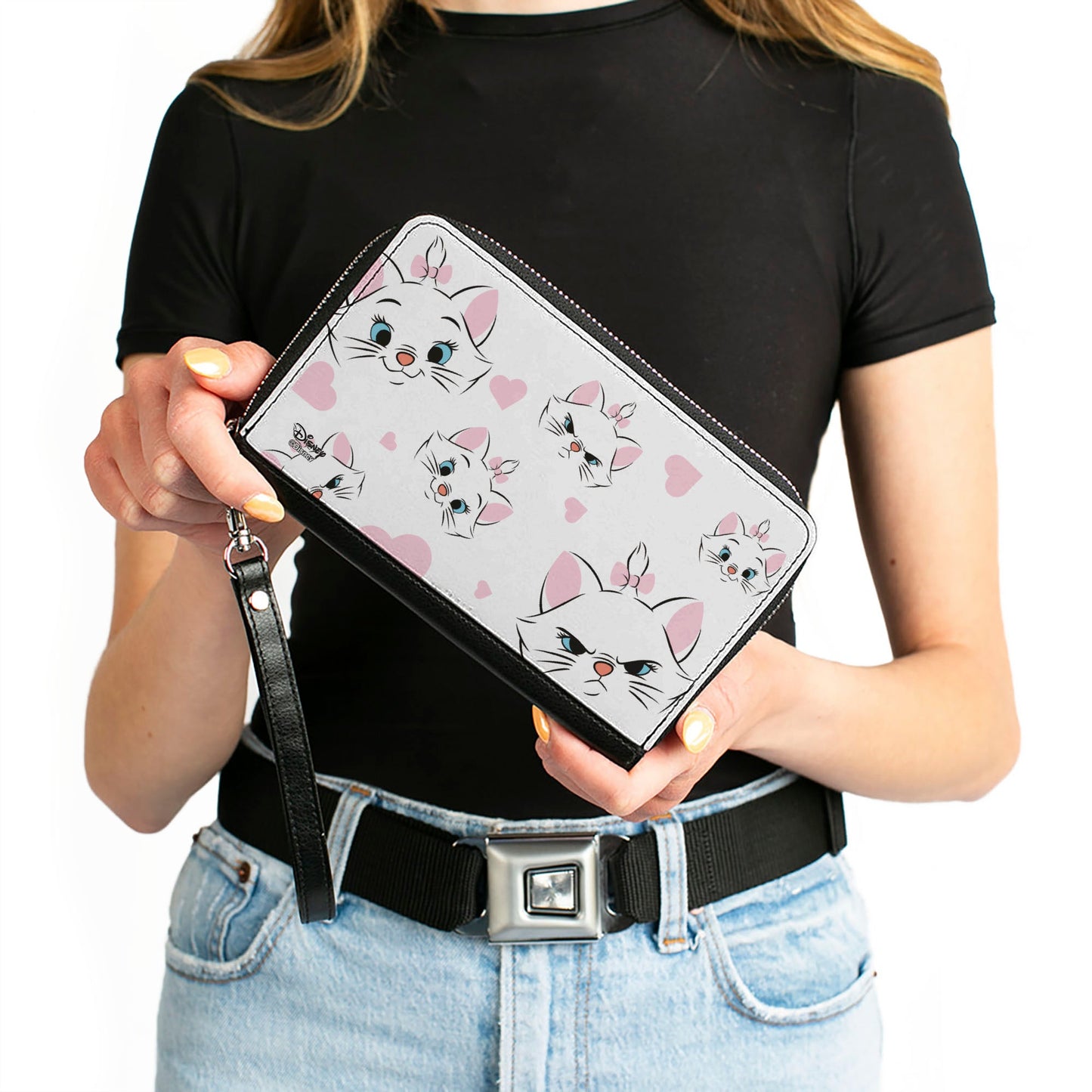 Women's PU Zip Around Wallet Rectangle - Aristocats Marie Expressions Hearts Scattered White Pink