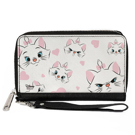 Women's PU Zip Around Wallet Rectangle - Aristocats Marie Expressions Hearts Scattered White Pink