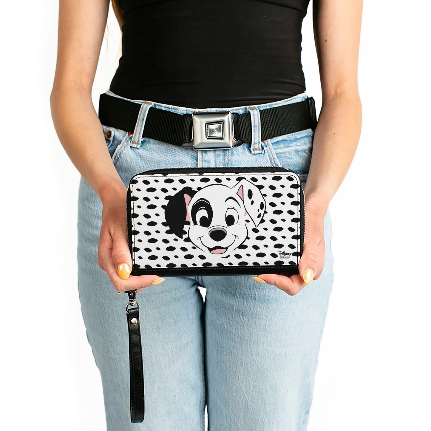 Women's PU Zip Around Wallet Rectangle - 101 Dalmatians Patch Smiling Spots White Black