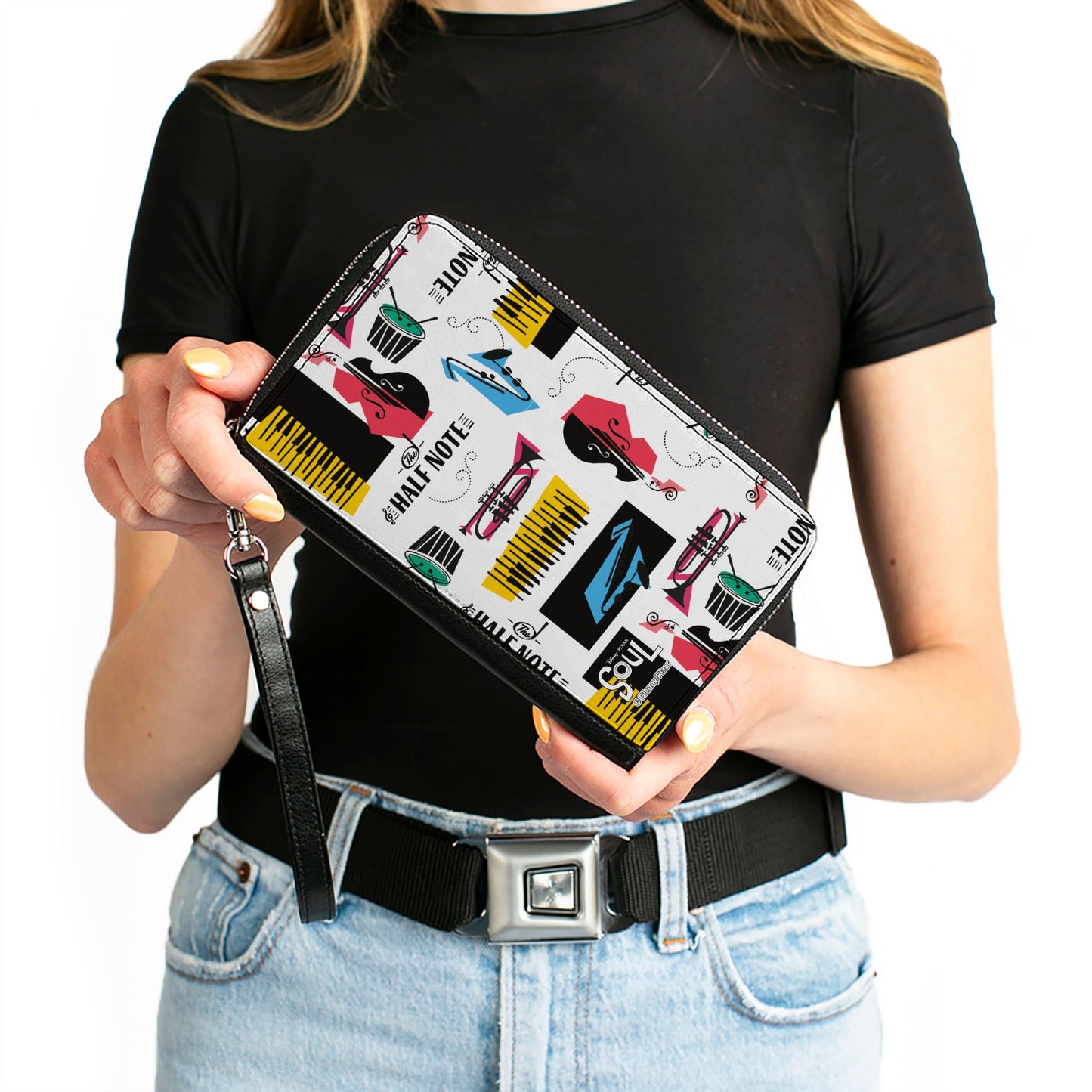 Women's PU Zip Around Wallet Rectangle - Soul THE HALF NOTE Instrument Collage White Black Multi Color