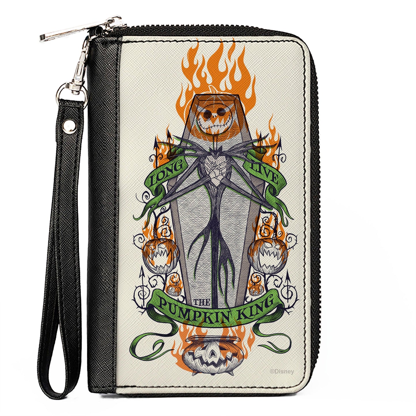 Women's PU Zip Around Wallet Rectangle - Nightmare Before Christmas LONG LIVE THE PUMPKIN KING Jack Corpse Pose Ivory Grays Orange Green