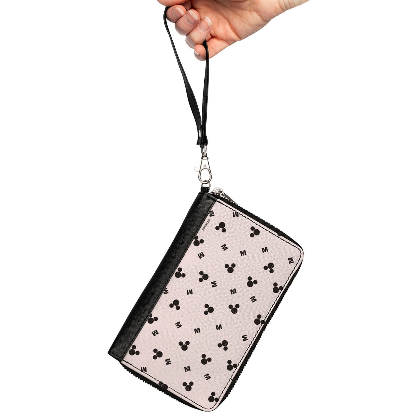 Women's PU Zip Around Wallet Rectangle - Mickey Mouse Ears and M Logo Scattered White Black