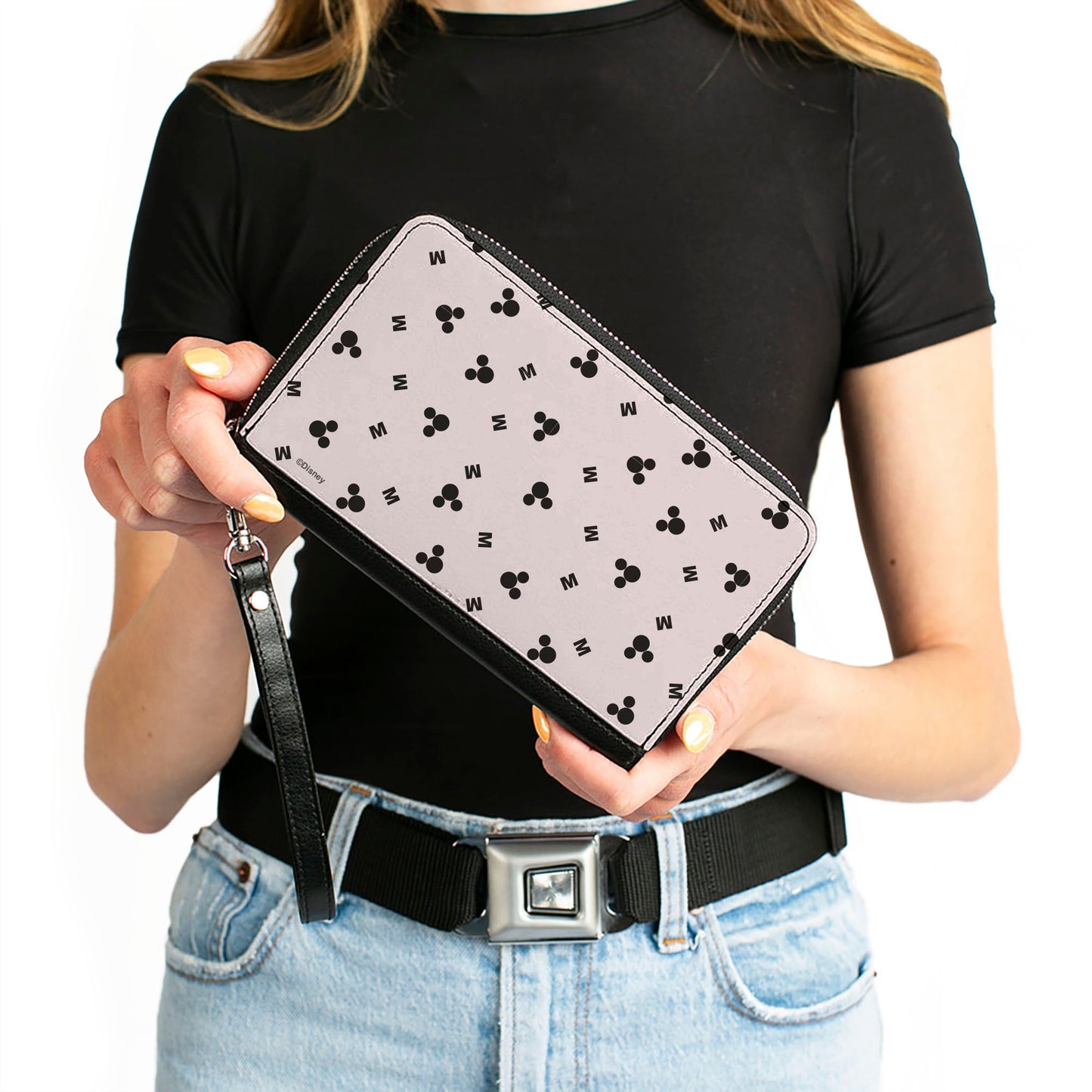 Women's PU Zip Around Wallet Rectangle - Mickey Mouse Ears and M Logo Scattered White Black