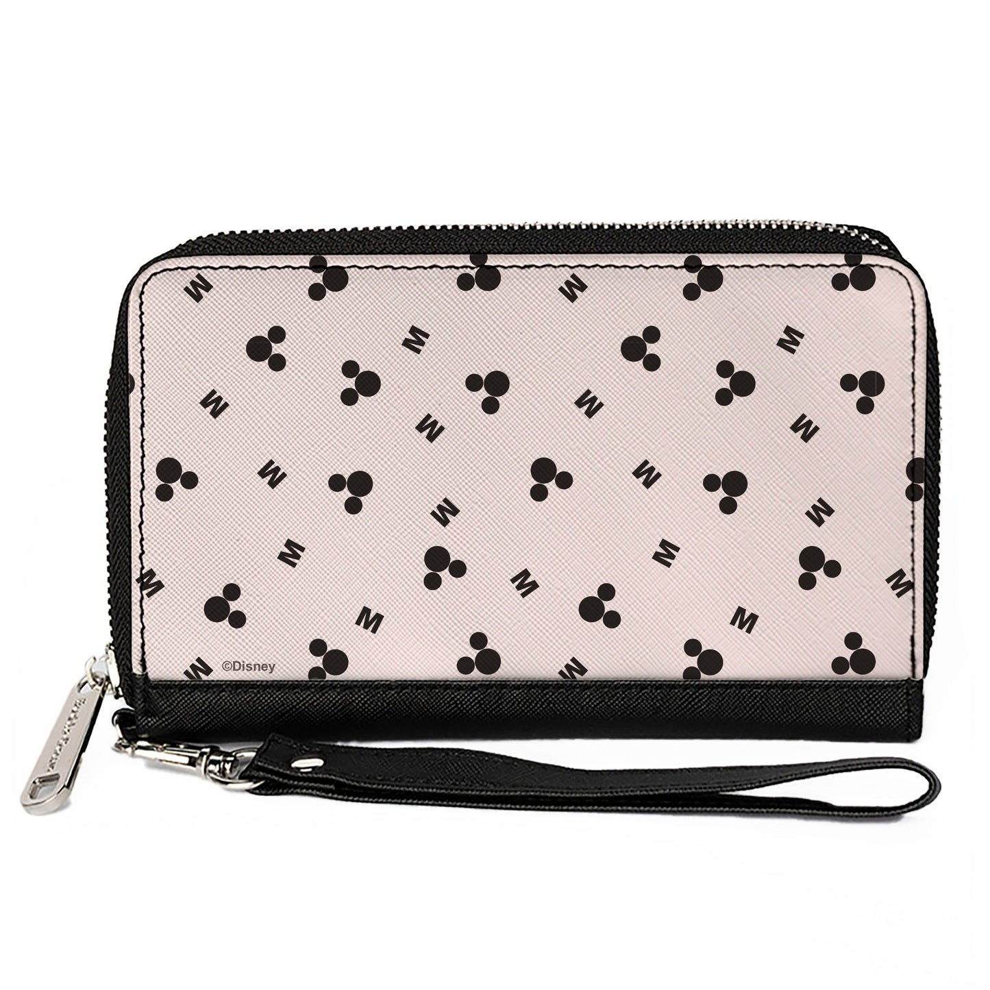 Women's PU Zip Around Wallet Rectangle - Mickey Mouse Ears and M Logo Scattered White Black